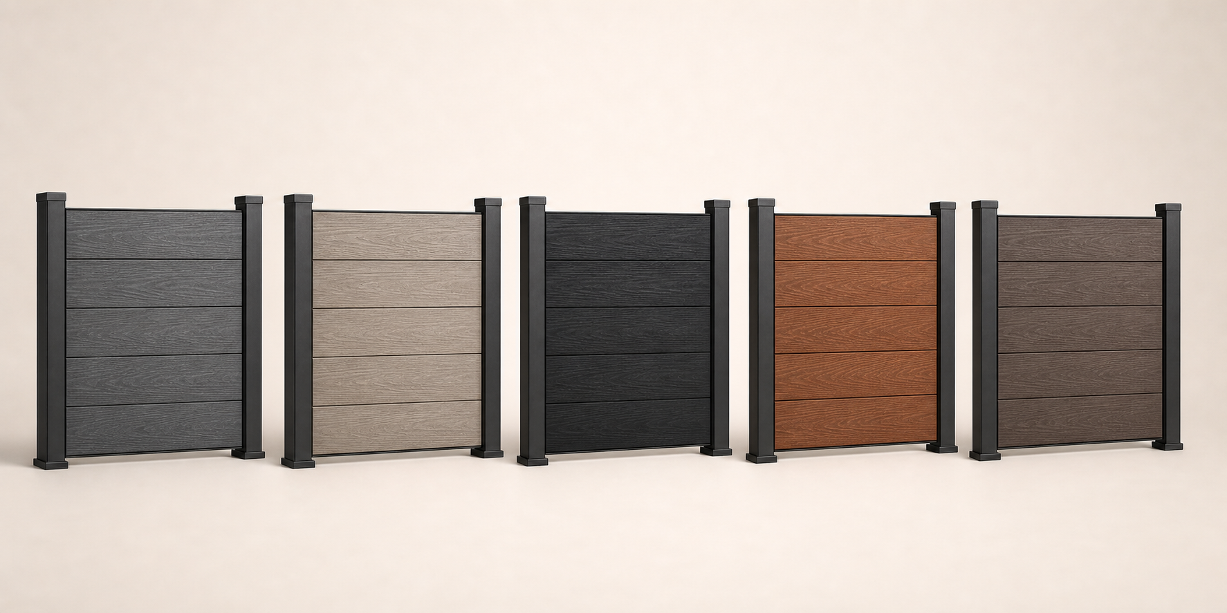 All five Compoxen architectural finishes displayed as complete fence panels